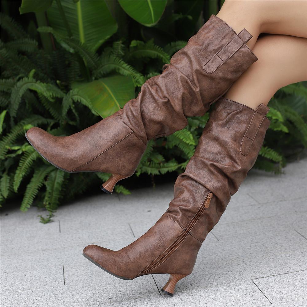 Модні Сексуальні Жіночі Плісовані Ботфорти Високі до Коліна Гострий Носок Підбори-Шпильки Застібка-Блискавка Жіночі Високі Чоботи Жіноче Взуття 34-50 Осінь Зима