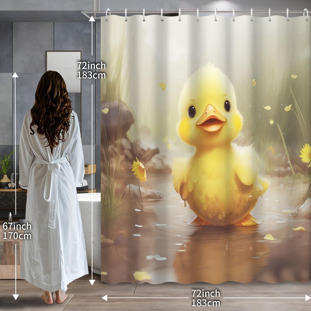 Charming Duck Shower Curtain - Rainy Scene, Yellow Duck Wall In Living Room, Bedroom Decoration - Comfortable