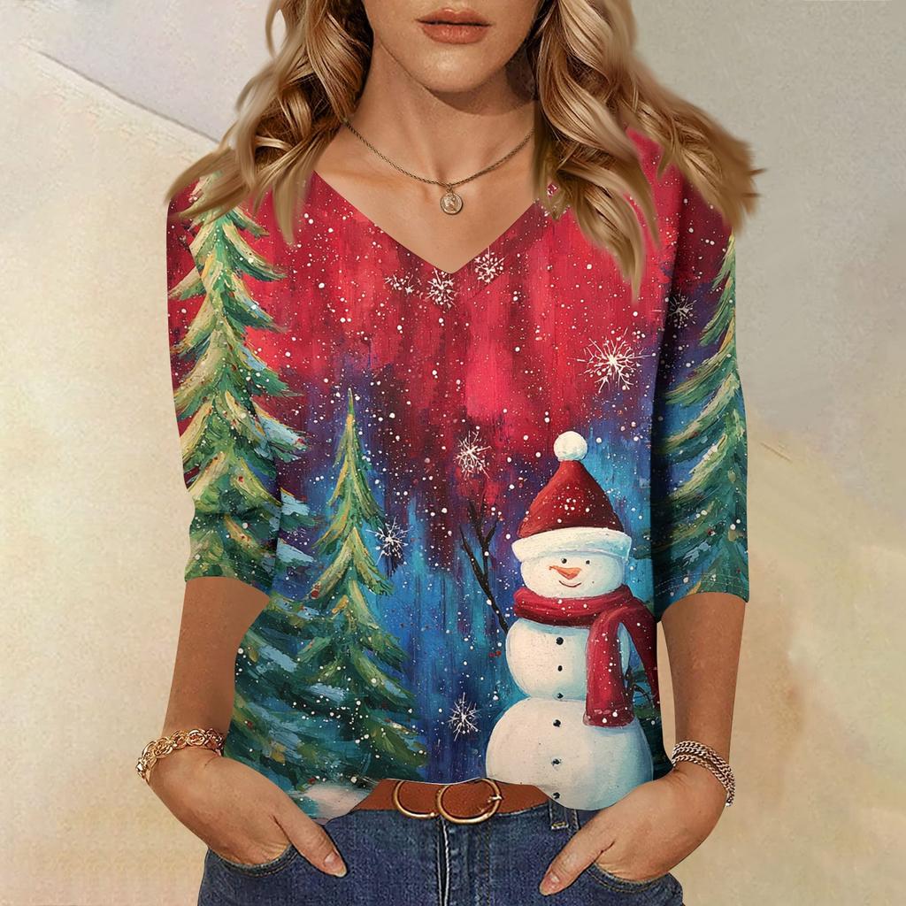 3/4 Sleeve Shirts For Women Print Christmas Tees Blouses Casual Plus Size Basic Tops Pullover