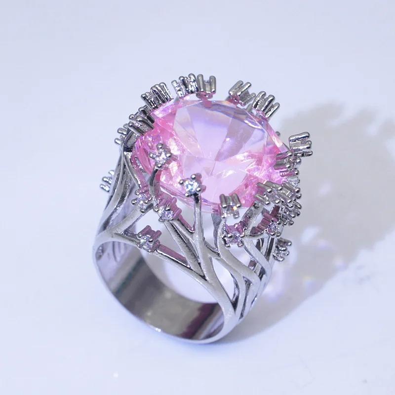 New Ring Inlaid Pink Crystal Zircon Exaggerated Ring For Woman Wedding Jewelry Gift