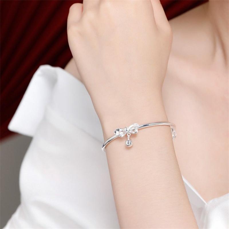 Adjustable Size 925 Sterling Silver Bangle Cuff Bracelet Bow Round Bead Charms Jewelry For Women Wedding Lovely