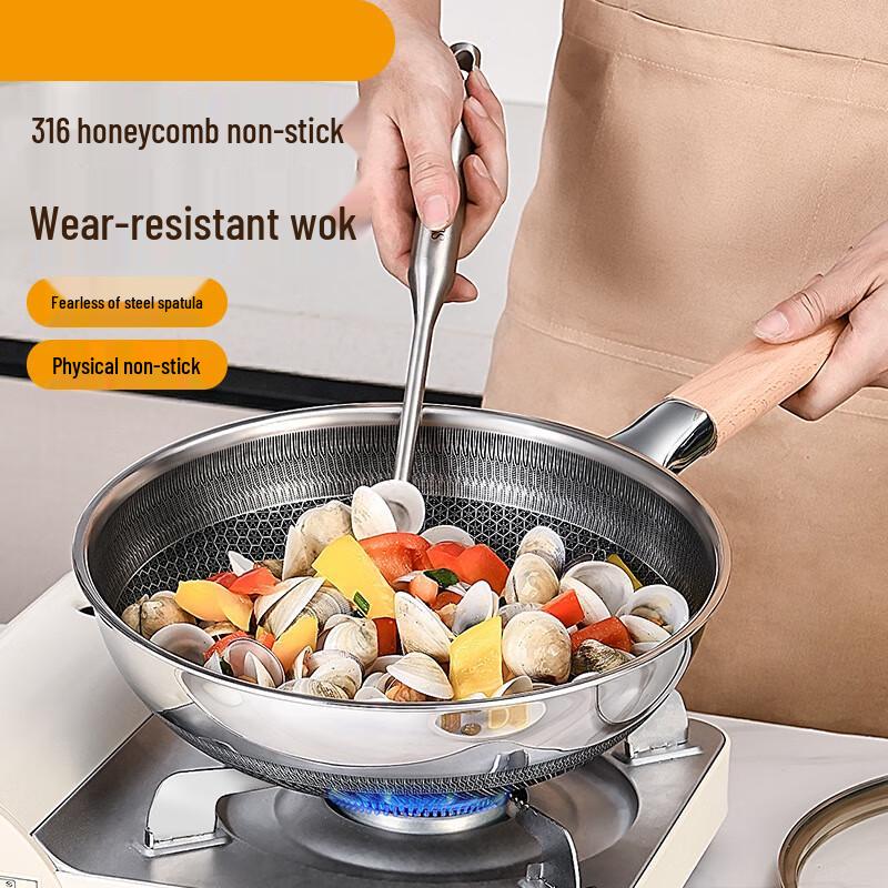ZISIZ 30cm 316 Stainless Steel Non-Stick Wok