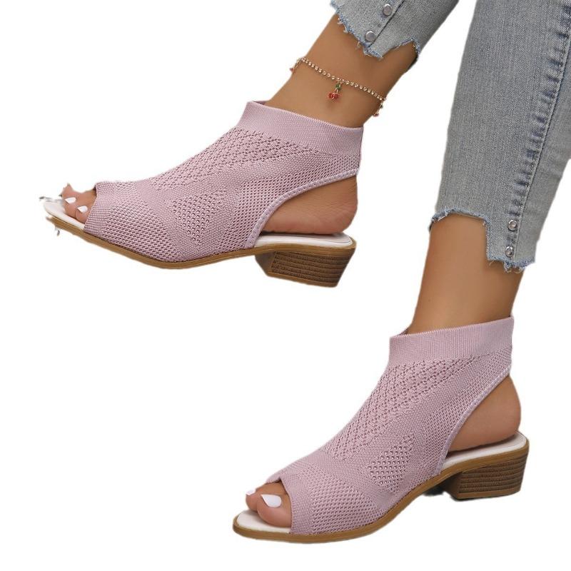 Fashion Knitted Hollow Thick Heel High Heel Women's Fish Mouth Sandals One Pedal New High Heel Sandals