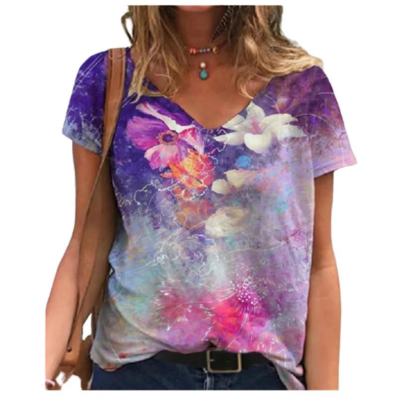 Women's Summer Trend Top Printed V-neck Fashion Short Sleeved T-shirt