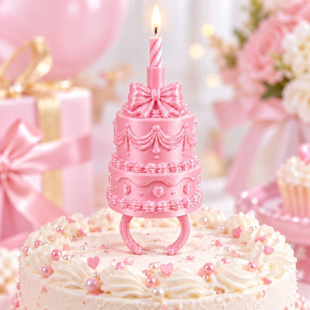 Silk Finish Finger Ring Candle Stand 3D Cake Shape Birthday Cake Ring Topper Celebration