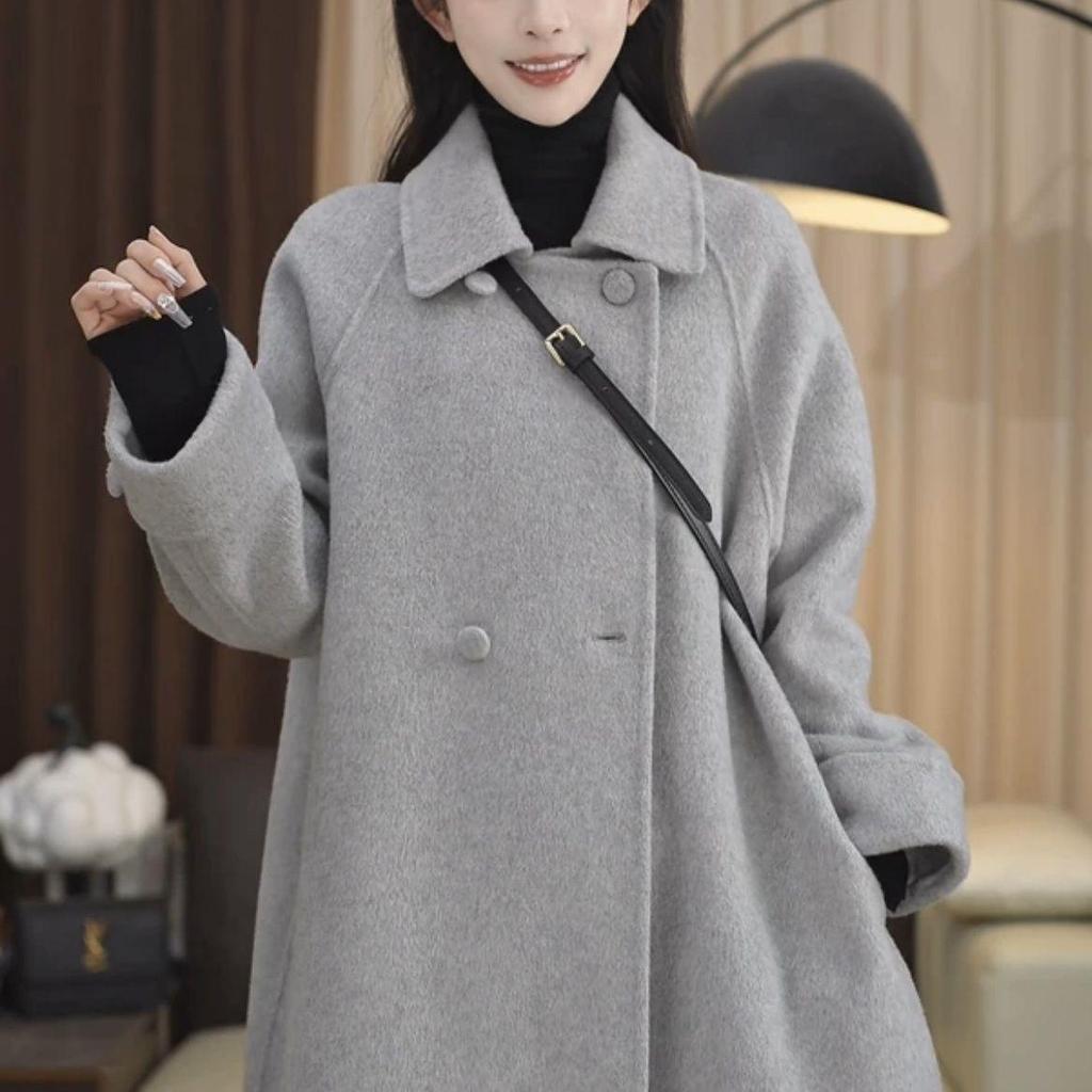 Plus Size Women's Korean Style Slimming Mid-Length Woolen Coat for Autumn/Winter - Loose Fit, Petite Long Jacket.