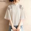 ZANZEA Women Casual Stand Collar Loose Pleated 3/4 Sleeve Print Blouse