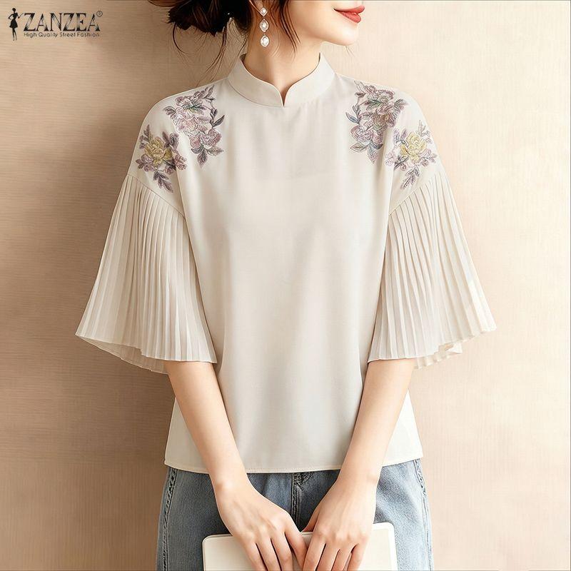 ZANZEA Women Casual Stand Collar Loose Pleated 3/4 Sleeve Print Blouse