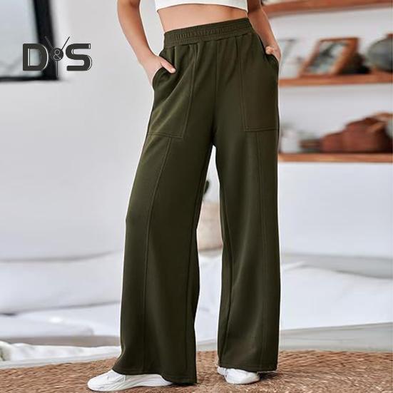 Damenhose, elastisch, hohe Taille, gerades weites Bein, lange Hose, einfarbig, lockere Passform, lange Hose mit Taschen, für den Alltag