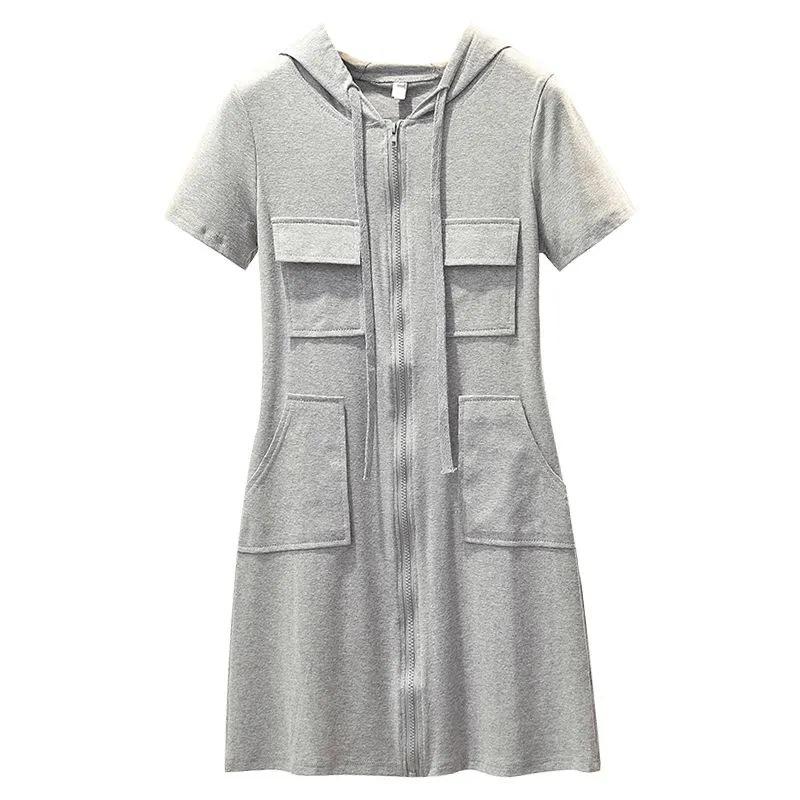 Women's Slimming Hooded Zipper Short-Sleeve Dress - Casual & Versatile Style