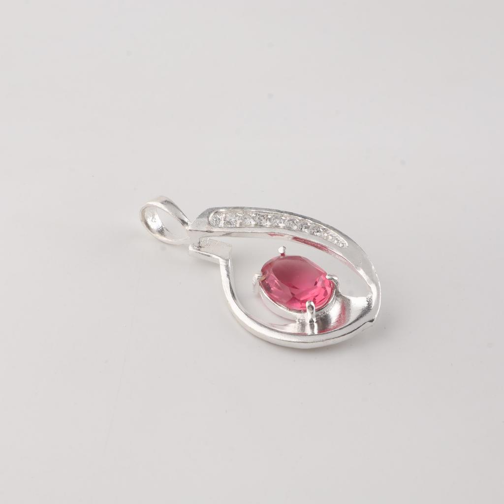 Pink Tourmaline Gemstone 925 Sterling Silver Zircon Jewelry Elegant Chain Pendant 1.4" For Gift CZP-16-4