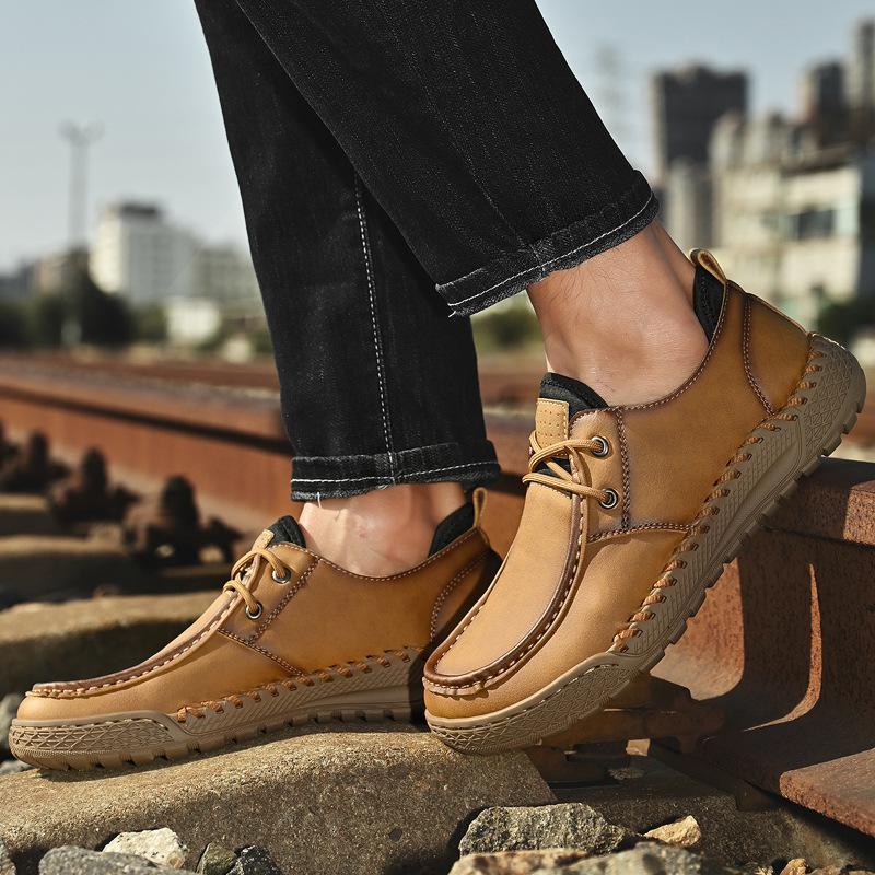 Large Size Men's Shoes 2025 New Men's Casual Leather Shoes Hand-sewn Soles Lightweight Low-top Lace-up Driving Shoes 46
