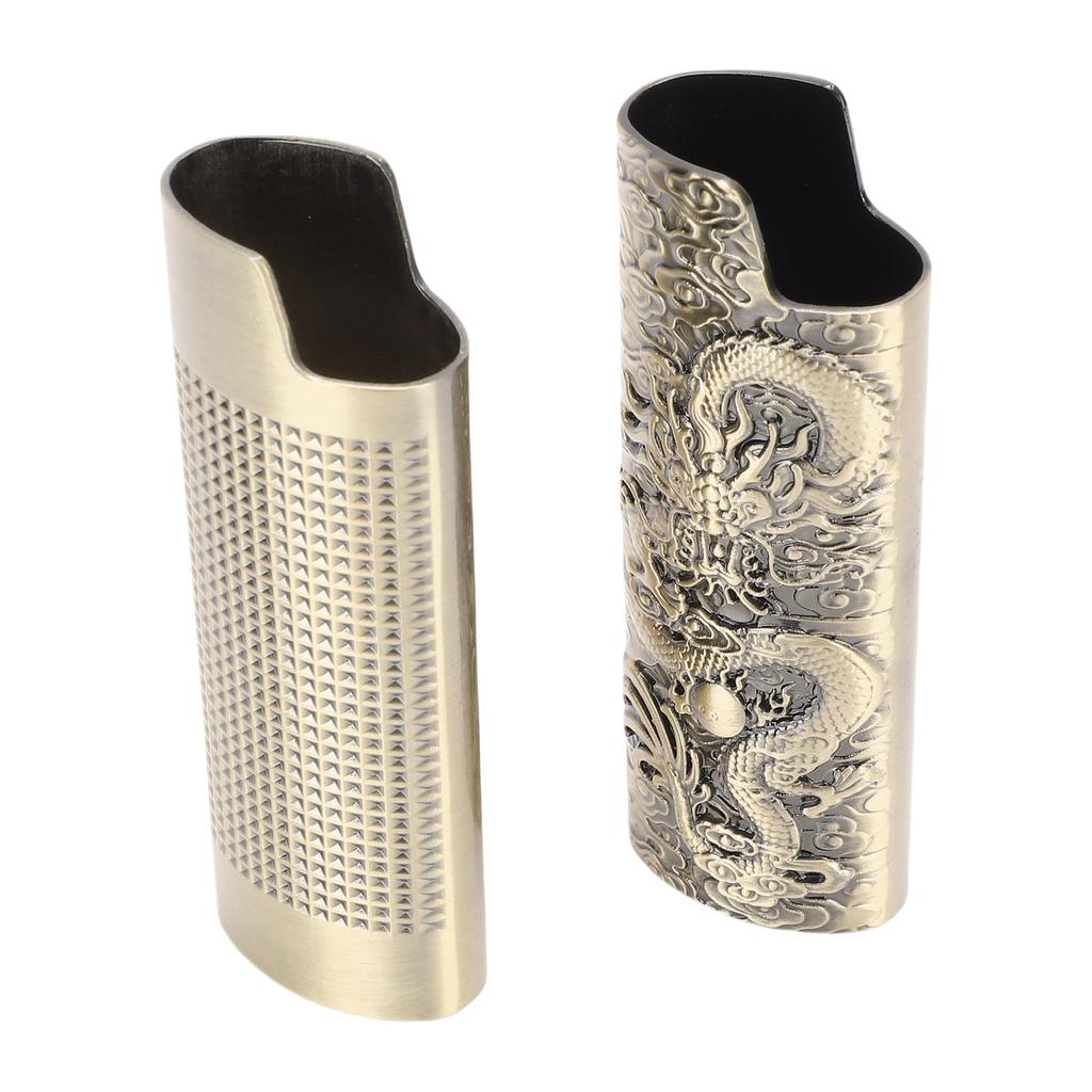 2 Pcs Lighter Case 8cm Length Grid and Dragon Pattern Exquisite Engraved Metal Lighter Cover for Party Bar