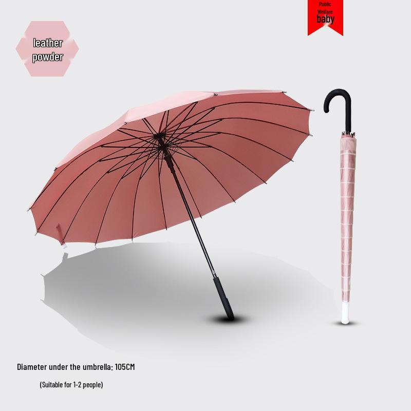 Large Automatic Long-Handled Umbrella with 16 Ribs, Curved Handle, and Waterproof Cover for Sun and Rain.