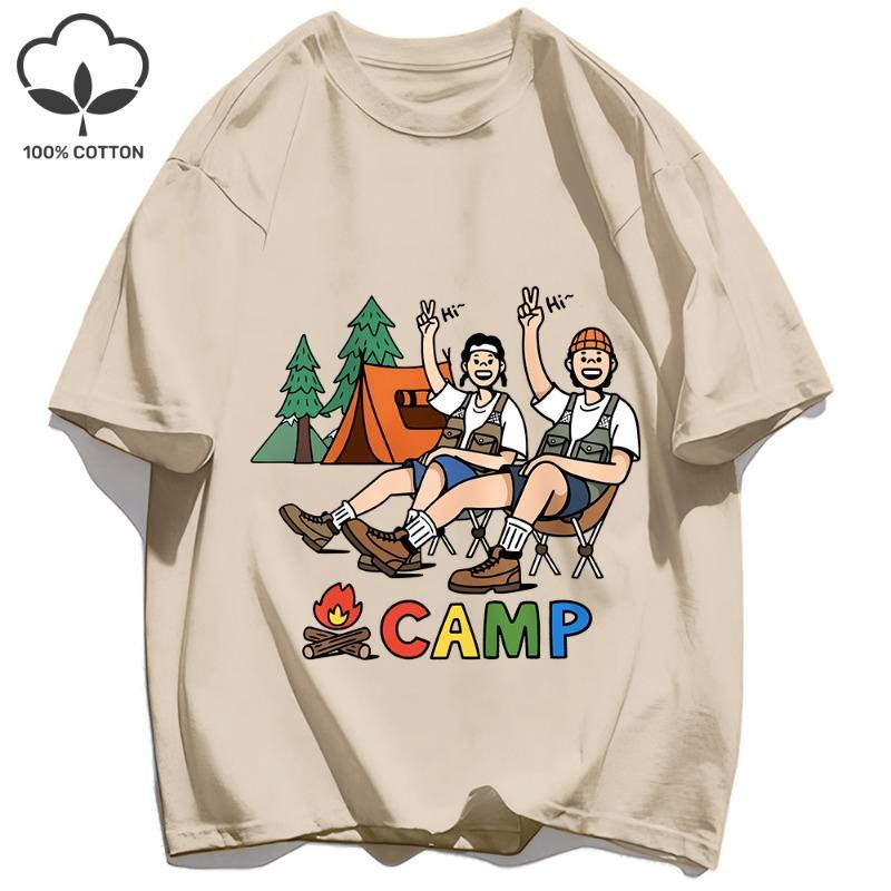 Attività Campeggio Felice Per Coppie Stampa T-Shirt Basiche Uomo T-Shirt Larga Casual Estiva Manica Corta Cotone Hip Hop Top