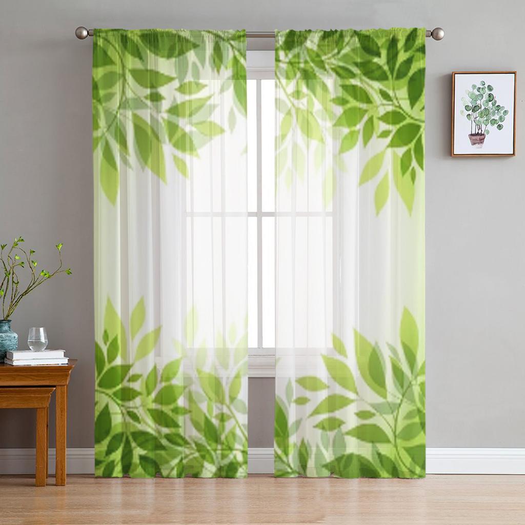 Zweig Frische Grüne Blätter Gardinen für Wohnzimmer Transparent Tüll Fenster Vorhang Schlafzimmer Küche Wohnkultur Schleier Vorhänge