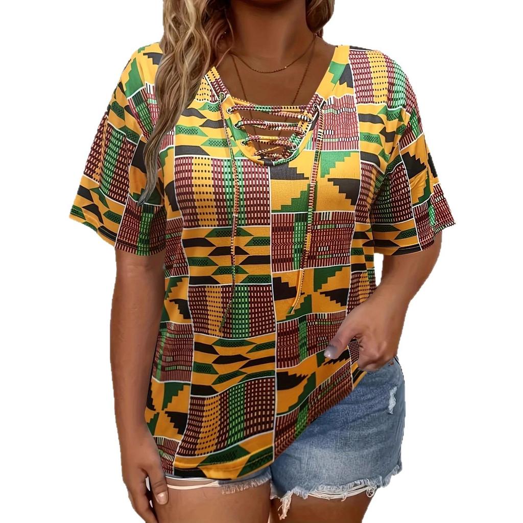 Top Casual da Donna a Manica Corta Tie Dye con Lacci e Scollo a V Taglie Forti