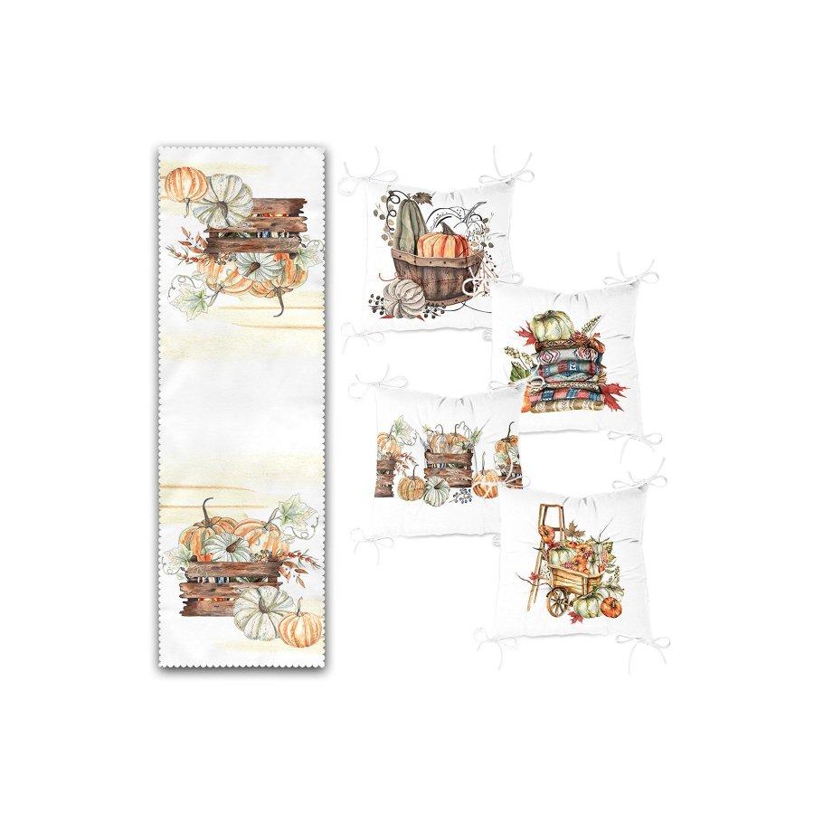 Chair Cushion Set / Digital Printed 4 Pieces 40×40cm Square Chair Pillows and 1 Piece Runner