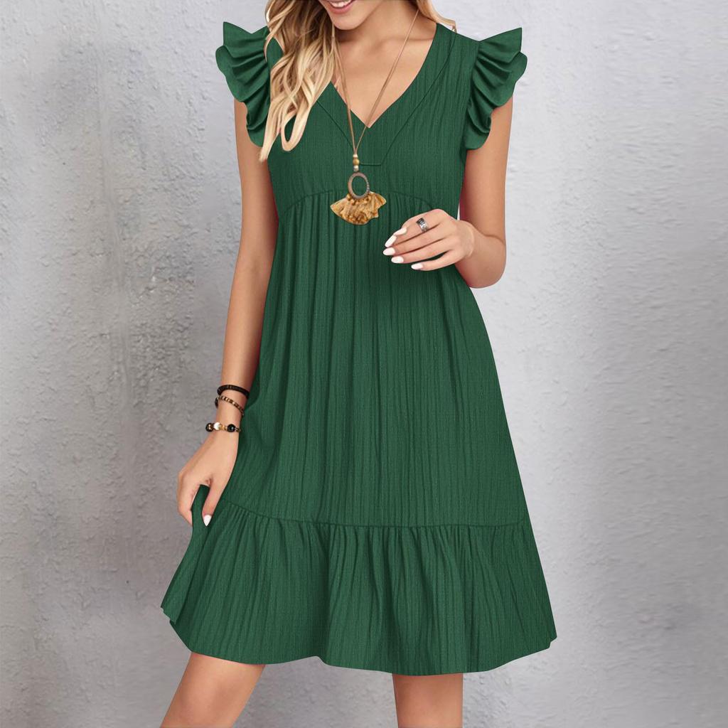 Womens Sleeve Casual V-Neck Pleated Dress Loose Linen Dresses