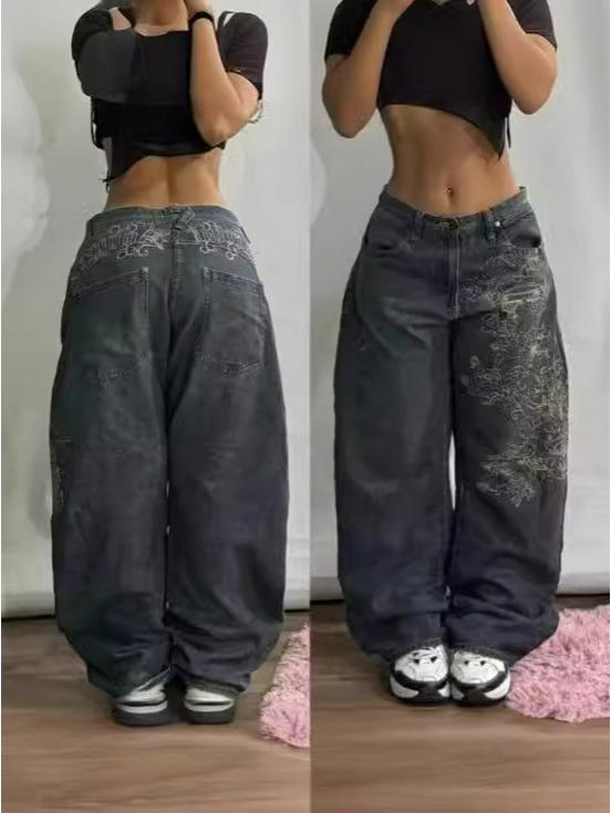Men's High-Waisted Hip-Hop Loose Denim Embroidered Casual Jeans