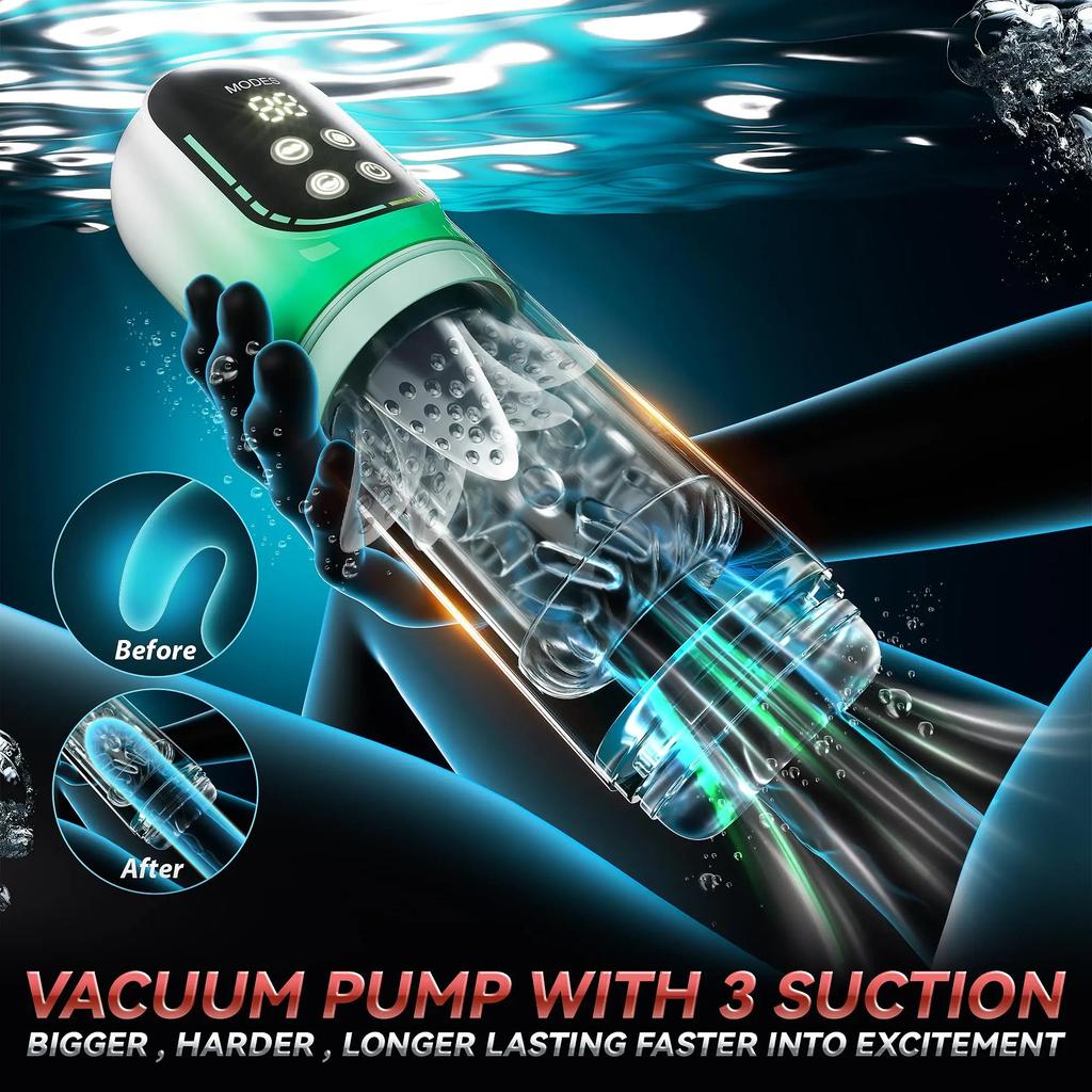 Mens Penis Exercise Machine Sex Toy with LED DisplayAutomatic Telescopic Rotating Suction Double Vibration Male Masturbation Cup