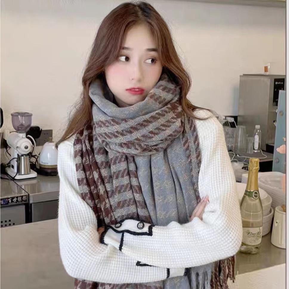 Scarf winter women's versatile shawl dual-purpose thousand bird plaid new Korean version thickened warm imitation cashmere scarf