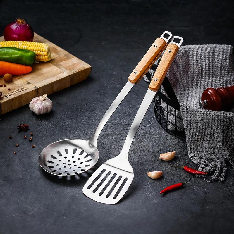 Wooden Handle Wok Spatula 304 Stainless steel spatula cooking Utensils spoon long handle Large Size turner Fried Steak Shovel