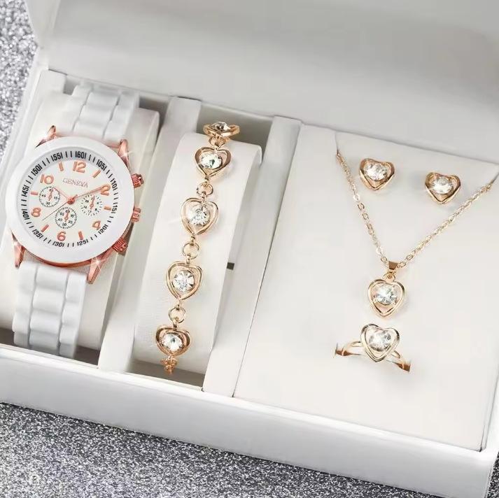 5-delige set Niche Mode Veelzijdige Stalen Riem Horloge Oorbellen Ketting Armband Ring Set Geen Cadeaubox