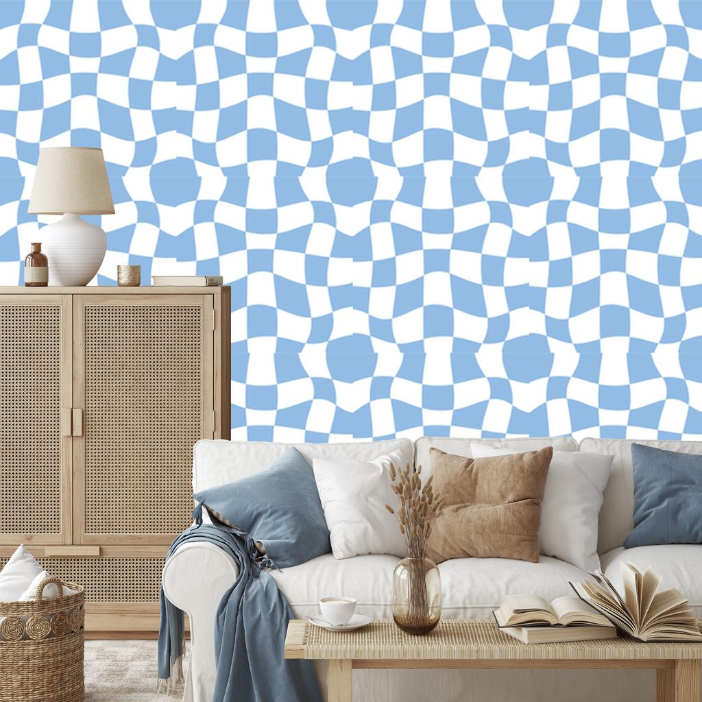 Wallpaper Casual Checkerboard Azure and White for Living Room and Bedroom 50x1000