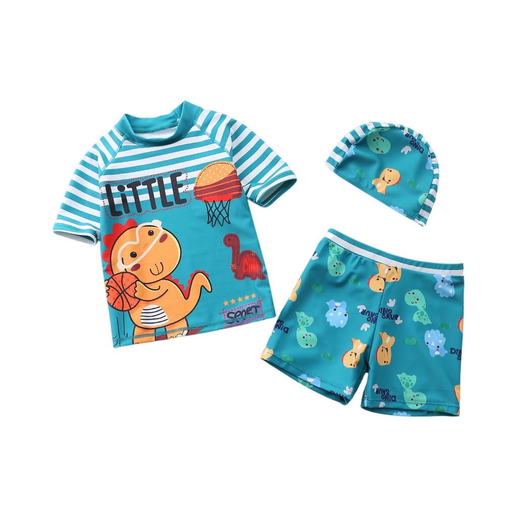 Boys Three Piece Swimsuit Set Short Sleeve Rash Guard Swim Shirt Swim Shorts and Swim Cap Cartoon Dinosaur Print Sun Protection Swimwear
