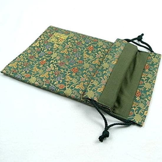 Senshishuin Nishijin Brocade Drawstring Bag Chinese Flowers and Large Size (Lined) - Grass/Green,