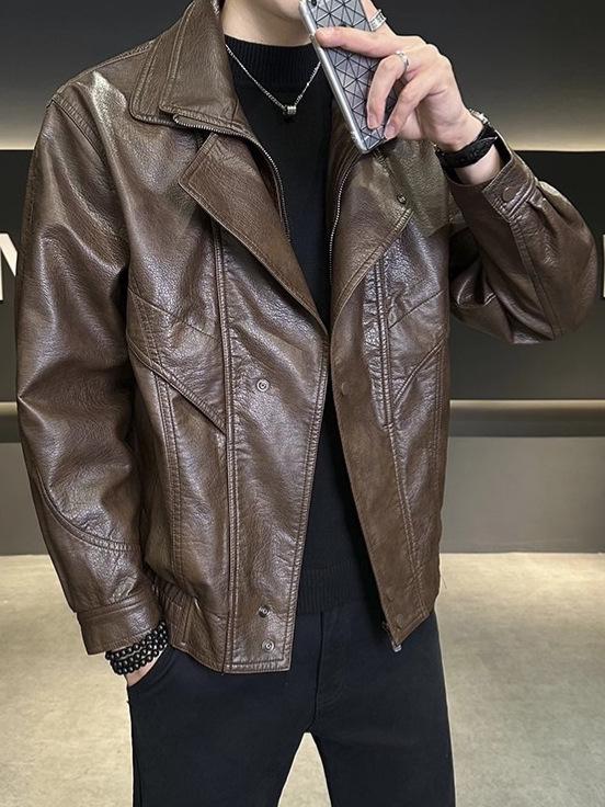 Men's Trendy Faux Two-Piece Leather Motorcycle Jacket - Autumn/Winter Casual, High-End Feel, Stylish and Handsome