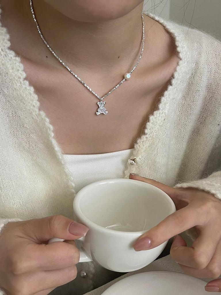 Su Chuang S925 Sterling Silver Little Bear Necklace with Freshwater Pearl - New Style Luxury Clavicle Chain