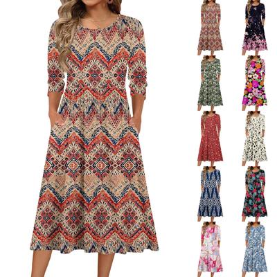 3/4 Sleeve Women's Dress Casual Flowy A-Line Midi Tshirt Dresses With Pockets Crewneck Vocation Boho Beach Sundress