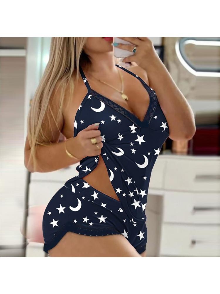 Women's Lace-Trimmed Halter-Neck Shorts – Two-Piece Pyjama and Loungewear Set