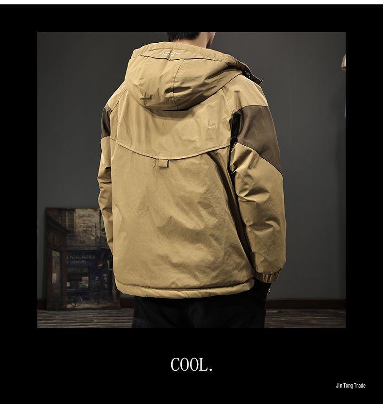 2025 Winter Men's Trendy Color Block Hooded Cotton Jacket: Loose Fit Casual Workwear Outerwear