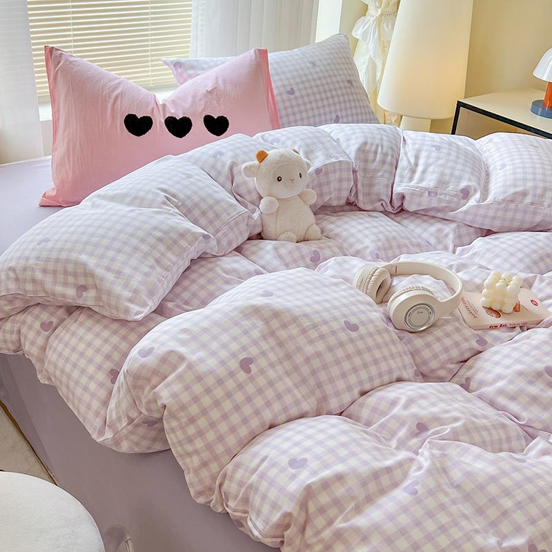 INS Solid Colour Minimalist Pattern Bedding Set For Adults Kids Pink Cute Fitted Sheet With Pillowcases Colorful King Queen Size
