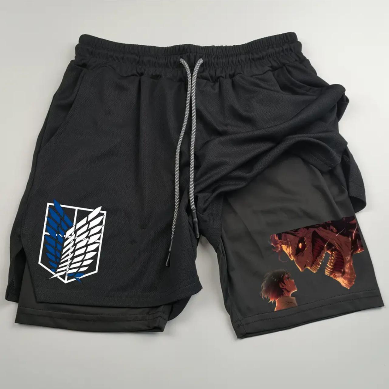 Fancy Style Studio Anime Attack on Titan Print Heren Twee-in-E&eacute;n Dubbellaags Sport Fitness Casual Shorts M
