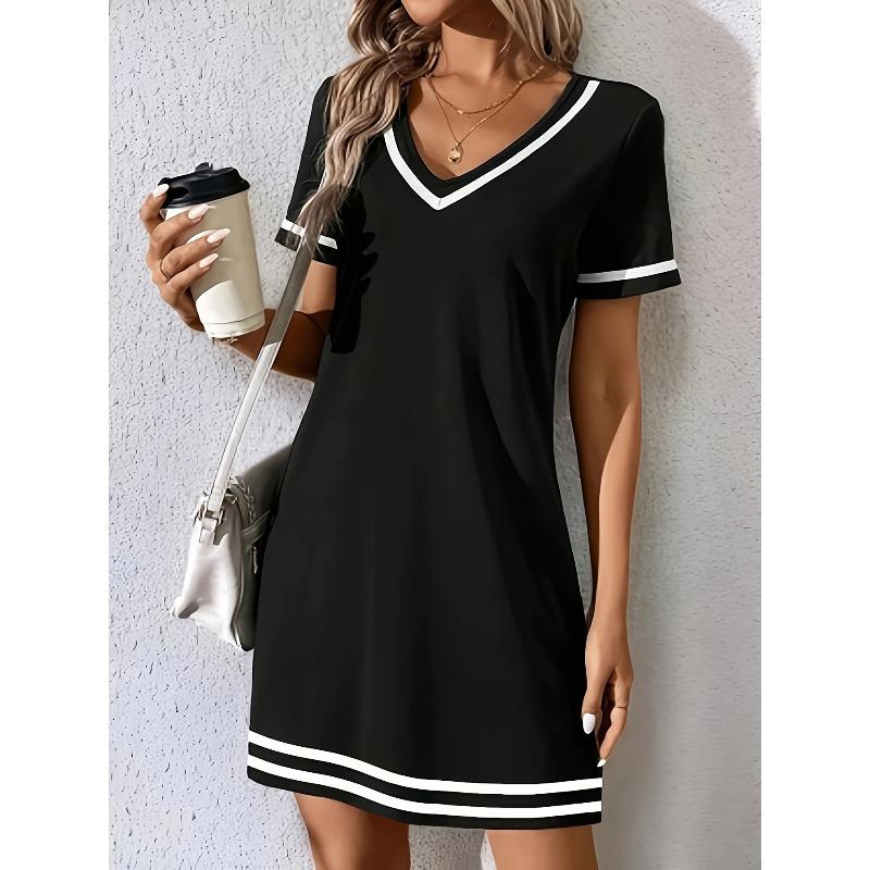 QICED Fashion Summer Spring Short Sleeve V-Neck Casual Dresses