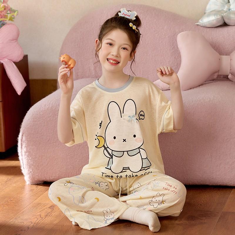Cute Cartoon Family Matching Pajamas Set Girls Moms Soft Tencel Short Sleeve Long Pants Sleepwear