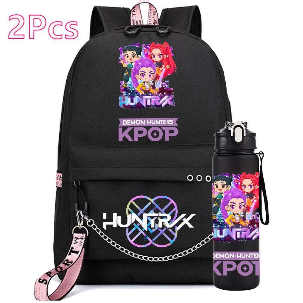 2Pcs/set Anime Cute Kpop Printed Backpack with 750Ml Water Bottler for Teenager Girl Boy Bookbag Kid Gift Large Capacity Travel Bag Rucksak
