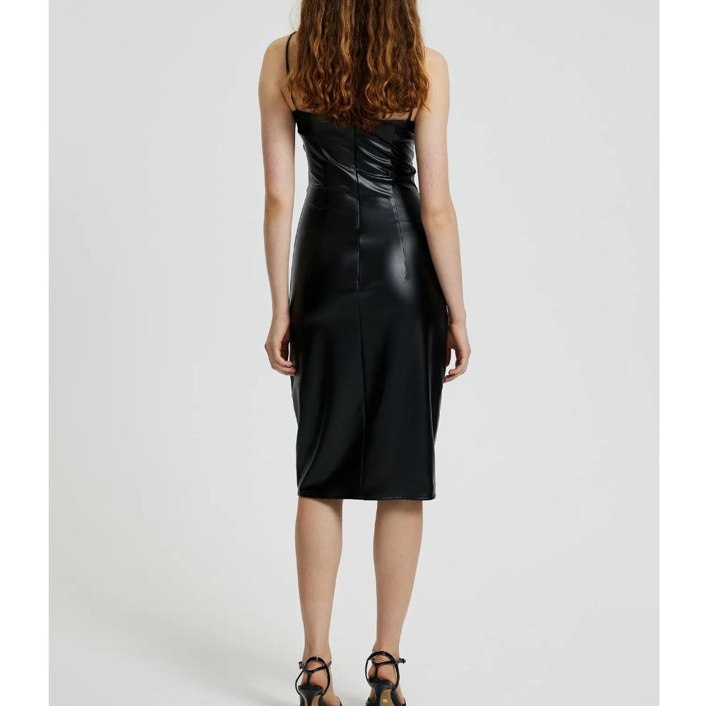 European & American Nightclub Sexy PU Leather Bodycon Dress - Little Black Dress with Ruched Spaghetti Straps
