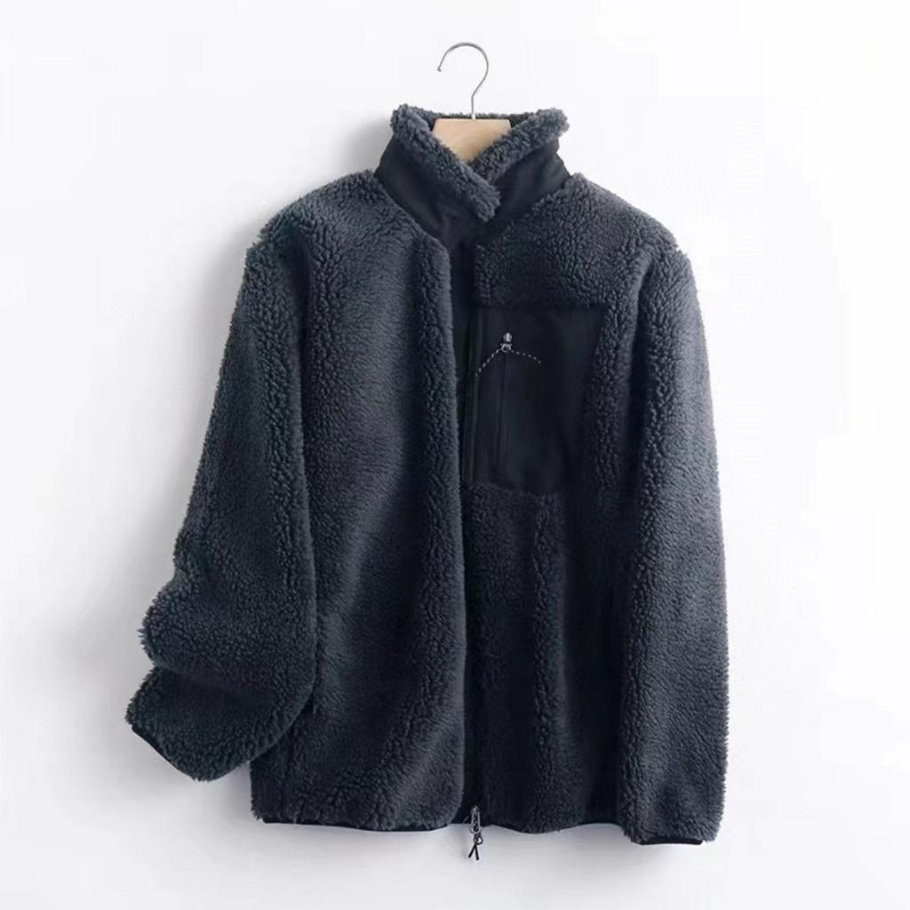 Autumn and Winter Women's Outerwear with Contrasting Fabric, Fine Edge Decoration, Zipper Cardigan, Casual Plush Jacket
