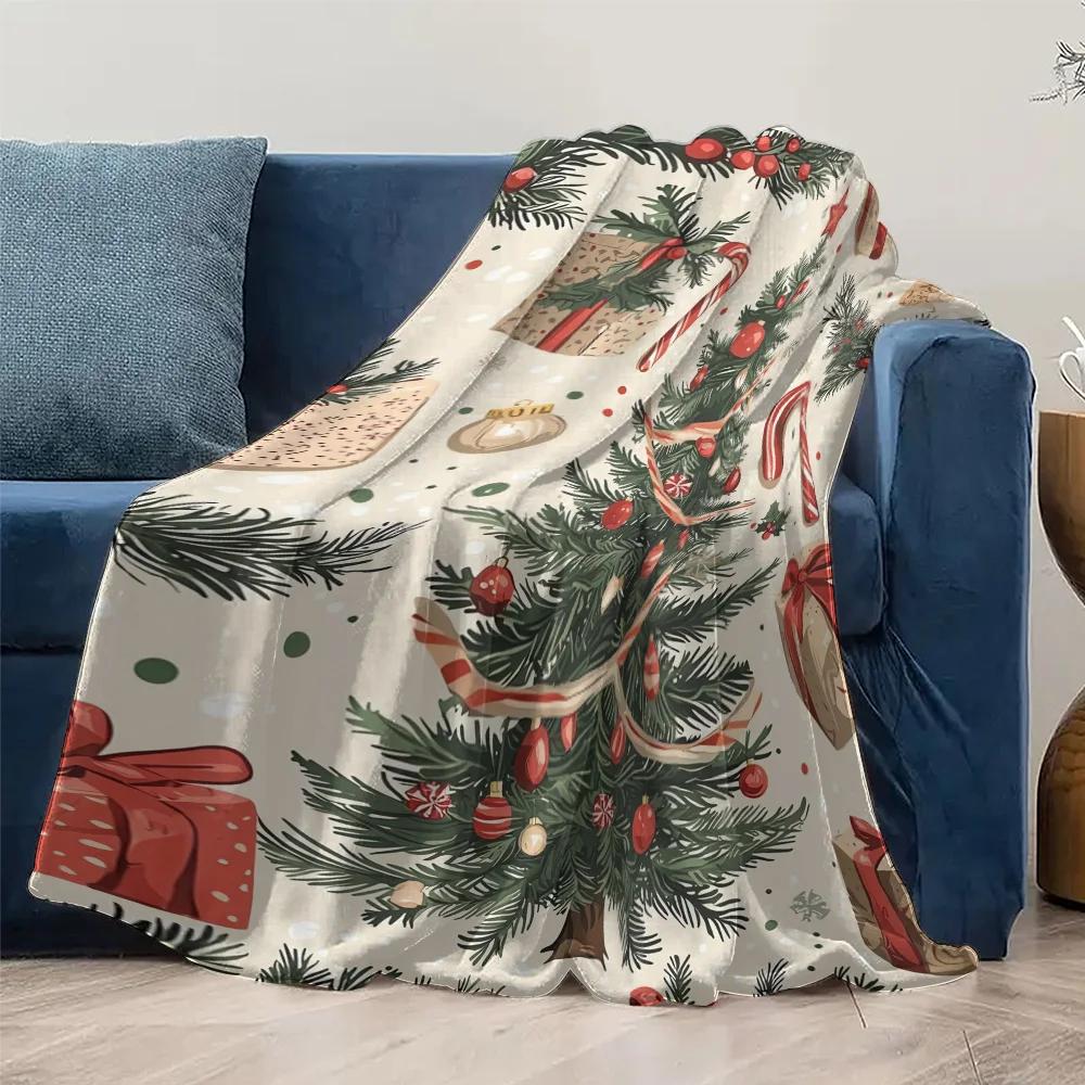 Classic Christmas Tree Fleece Blanket, Red Gold Decorations on Green Tree, Traditional Holiday Throw for Festive Decor