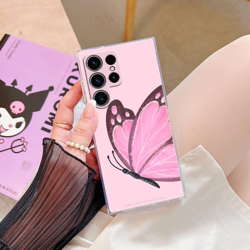 Beauty Pink Butterfly Phone Case S25Ultra For Samsung Galaxy S25 S24 S23 S21 Ultra S20 FE S22 Plus A35 A55 5G Case Clear Cover
