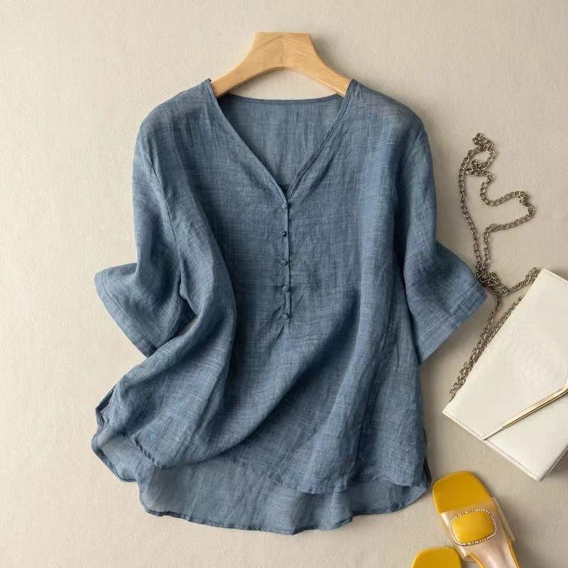 2024 Women's Casual V-Neck Slimming Solid Color Loose T-Shirt