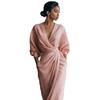 2026 European and American high-end linen wrap dress deep V bat sleeve waist pleated split fork with pocket dress