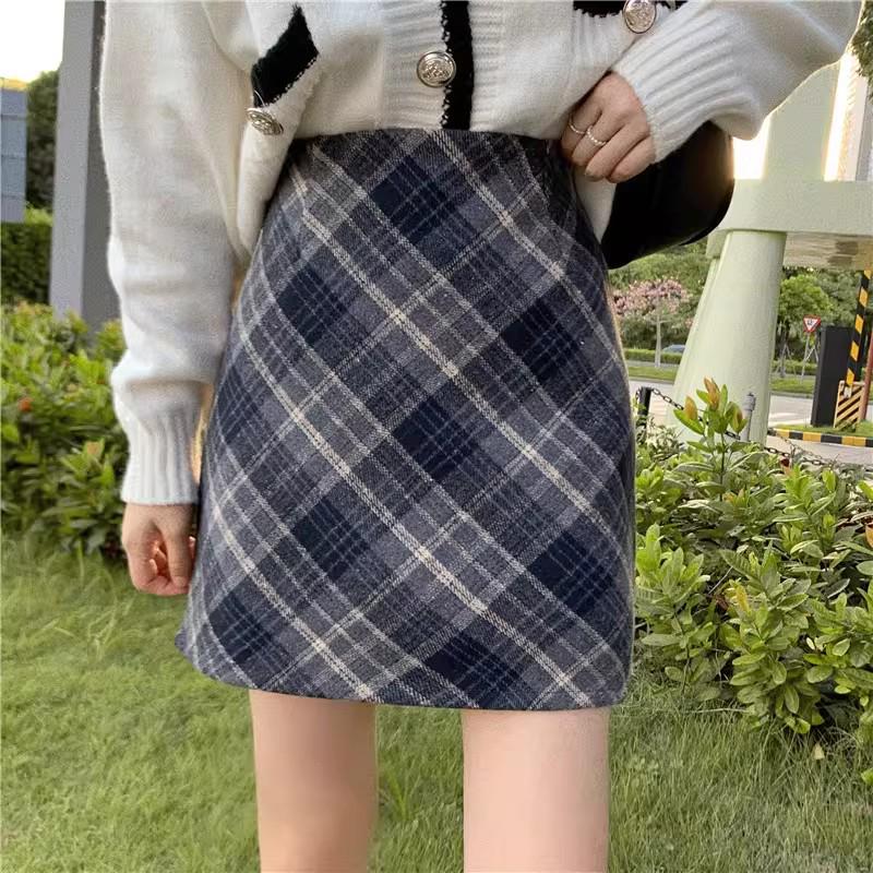 Deep Gray Plaid College-Style High Waist A-Line Skirt - Women's 2026 Winter Collection