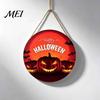 Decorative Round Hanging Sign Halloween Wall Pendant, with Pumpkin And Witch Silhouette, Wooden Retro Style Seasonal Door Ornament Sign, for
