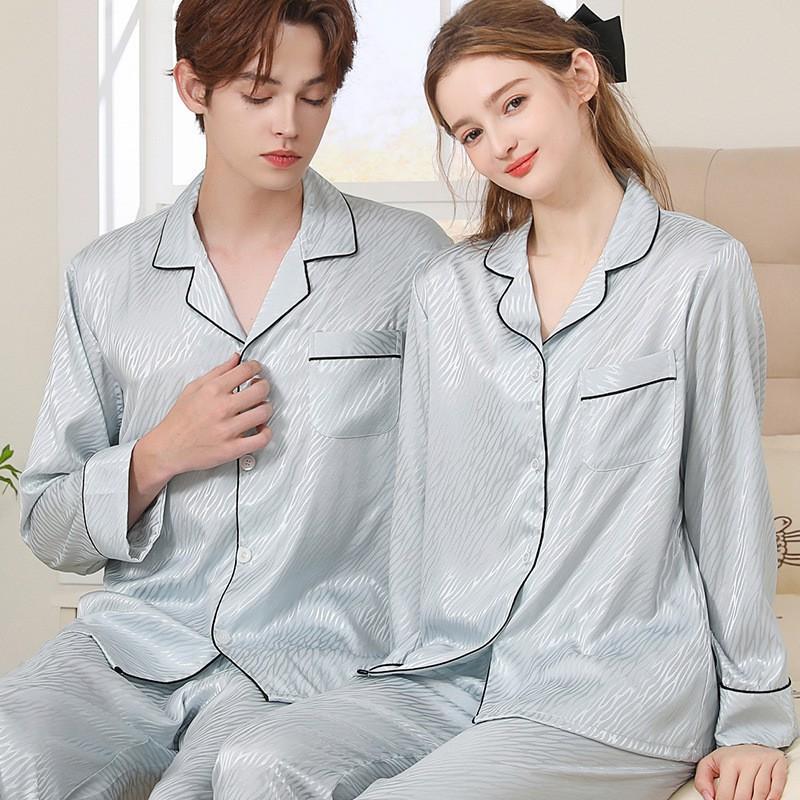 Long Sleeve Silk Pajamas Set Men Women Soft Thin Loungewear Plus Size Sleepwear